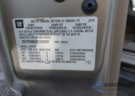 2002 GMC Sierra 1500 Denali from USA, damaged, VIN 2GTFK69U221383847